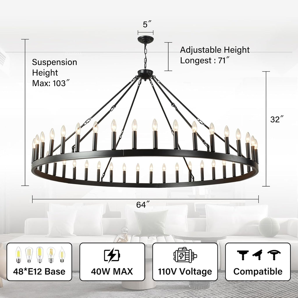 Inspired Camino Style Chandelier - 64 Inch Extra Large Black Wagon Wheel Chandelier 42-Light Farmhouse Wagon Wheel Chandeliers Round Industrial Ceiling Light fixtures for Outdoor Porch high Ceilings Living Dining Room Foyer Entryway