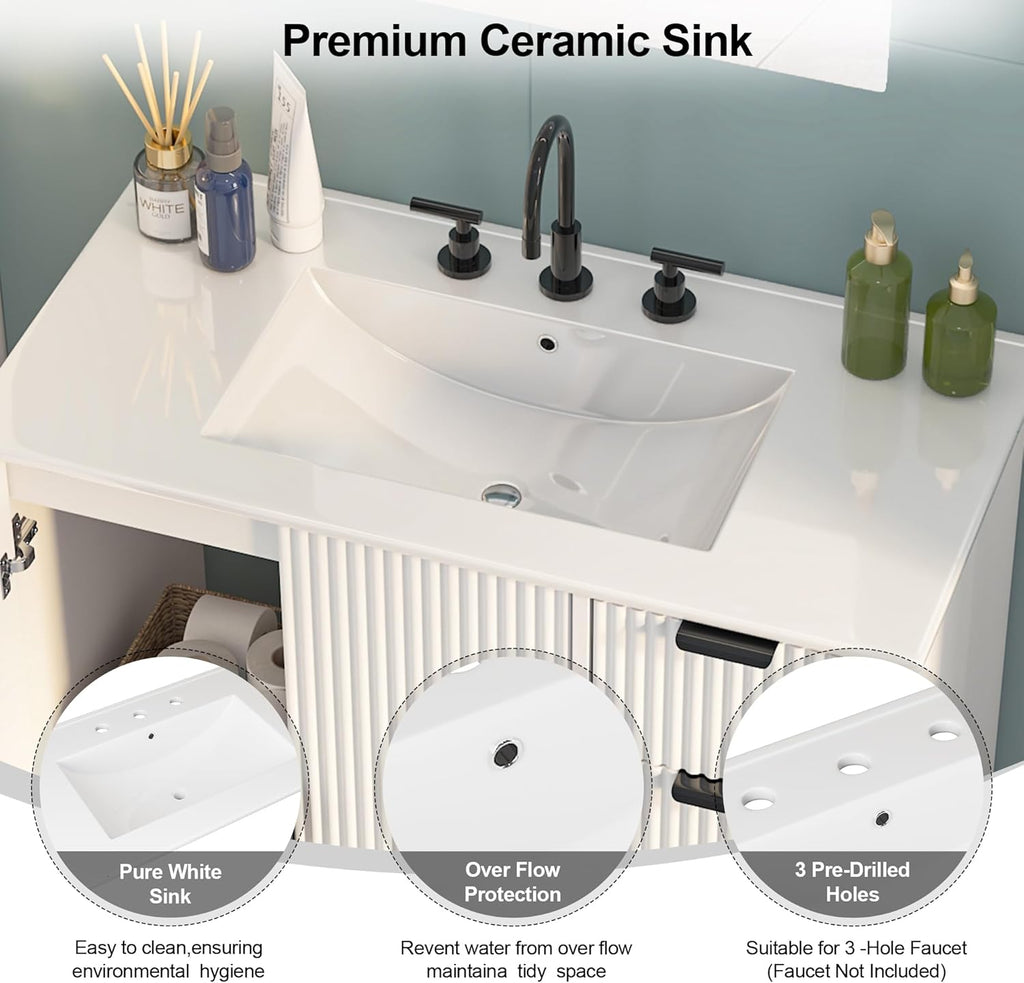 Freestanding Bathroom Vanity with Ceramic Sink, Large Storage Cabinet with Drawers