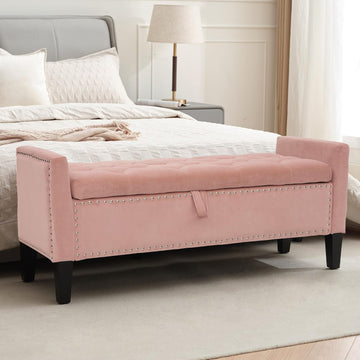 Velvet Ottoman with Storage, 46'' Upholstered Button Tufted End of Bed Bench with Arms, Modern Storage Bench , Pink