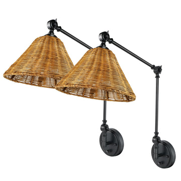 Rattan Plug in Wall Sconce Set, Plug in Cord and Dimmer