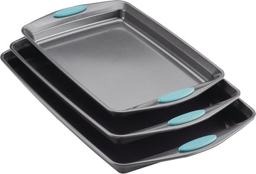 Nonstick Pans Set, 3-Piece Cookie Pan Bakeware, Gray with Agave Blue Silicone Grips