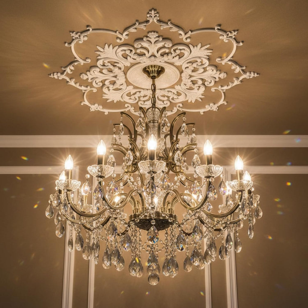 43.3'' Large PU Ceiling Medallion Combination Decorative 2.36'' ID French Style Chandelier Base Ceiling Medallion for Light Fixtures Victorian Rosette Light Covers for Chandeliers(Lovely)