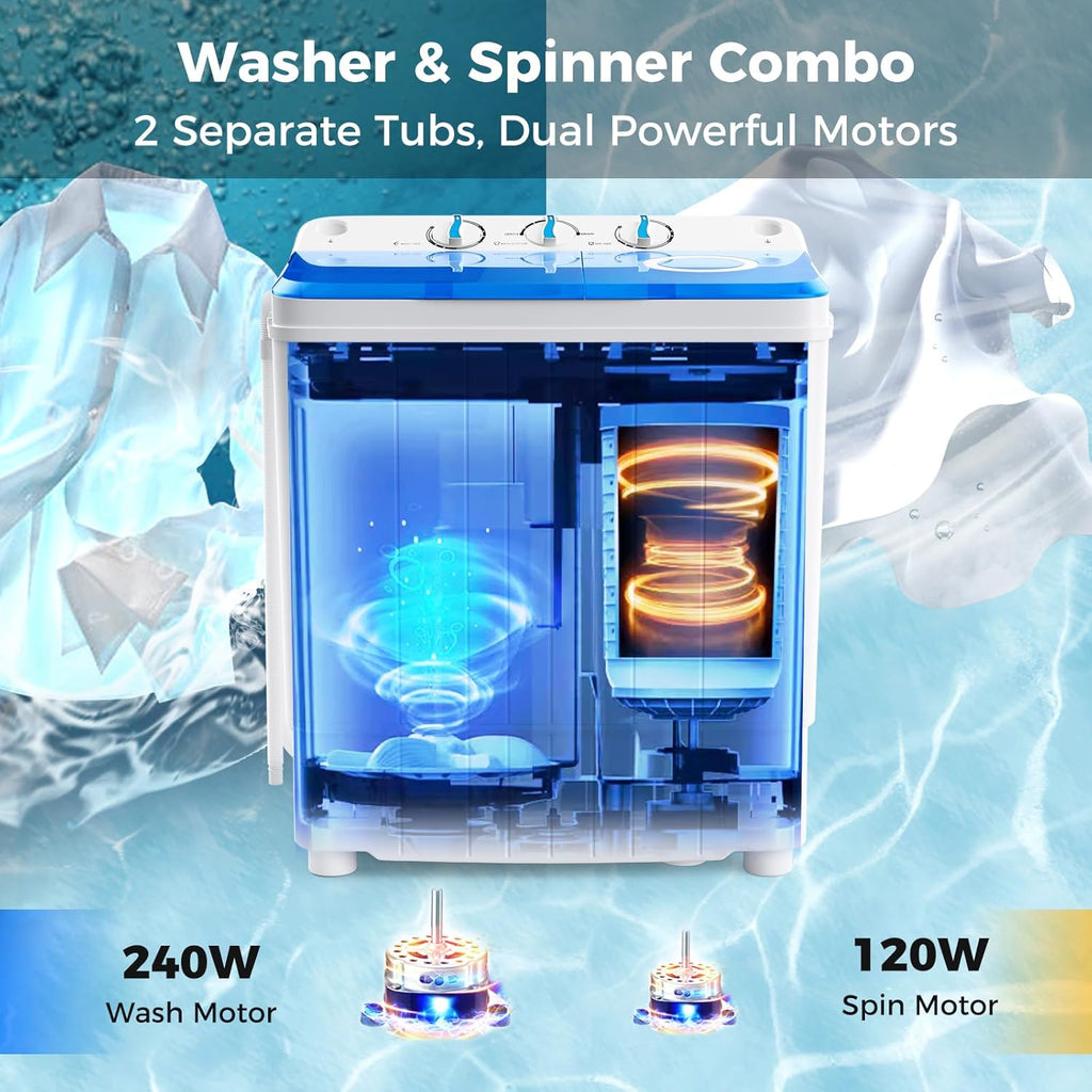 Portable Washing Machine, 17.6lbs Compact Washer Spinner Combo with Pump Drain, Twin Tub 11lbs Wash & 6.6lbs Spin