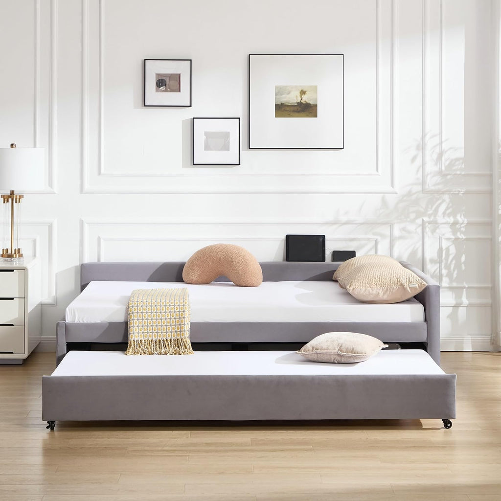 Full Size Daybed with Trundle,Velvet Upholstered Day Bed Frame Full with USB Port and Solid Wood Slat Support,L