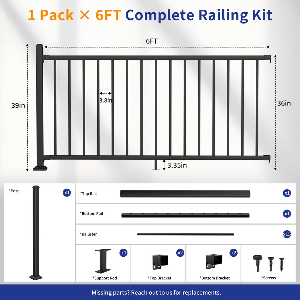 36in x 6ft Modular Aluminum Deck Railing Kit, Patented Clip-On
