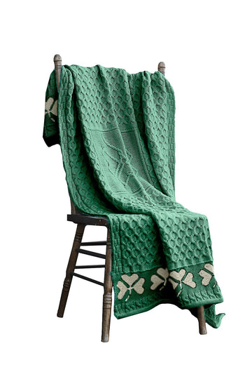 Woollen Mills Irish Shamrock Blanket Cable Knit 100% Couch Throw Made in Ireland (Green)