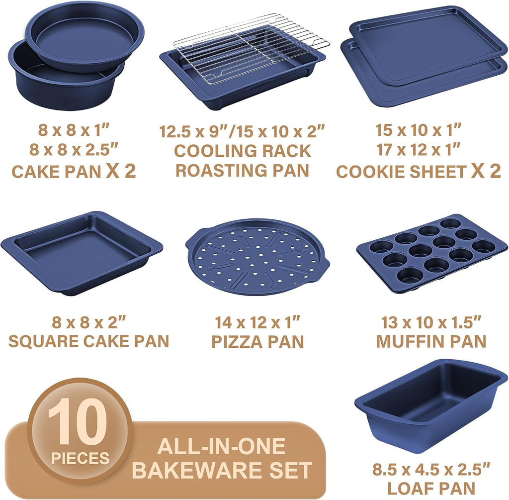 Bakeware Sets, Pans Set, Nonstick Oven Pan with Wider Grips, 10-Piece Including Rack, Cookie Sheet, Cake Pans, Loaf