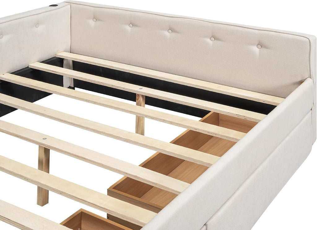 Queen Corner bedframe with Twin Twin Trundle and USB,Upholstered daybed, L-Shape daybed Living Room, Beige + Linen