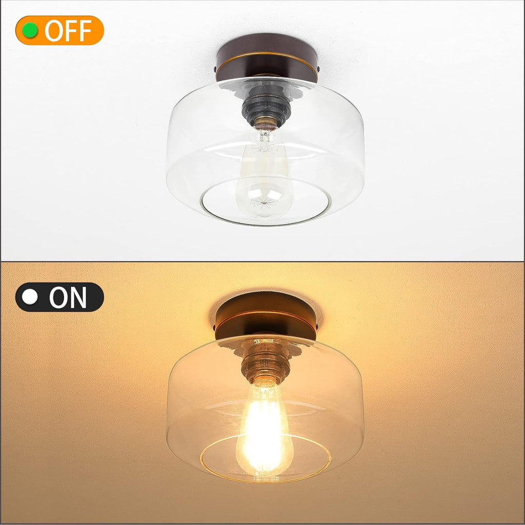Industrial Semi Flush Mount Ceiling Light, Clear Glass Pendant Lamp Shade, Oil Rubbed Bronze Farmhouse Lighting