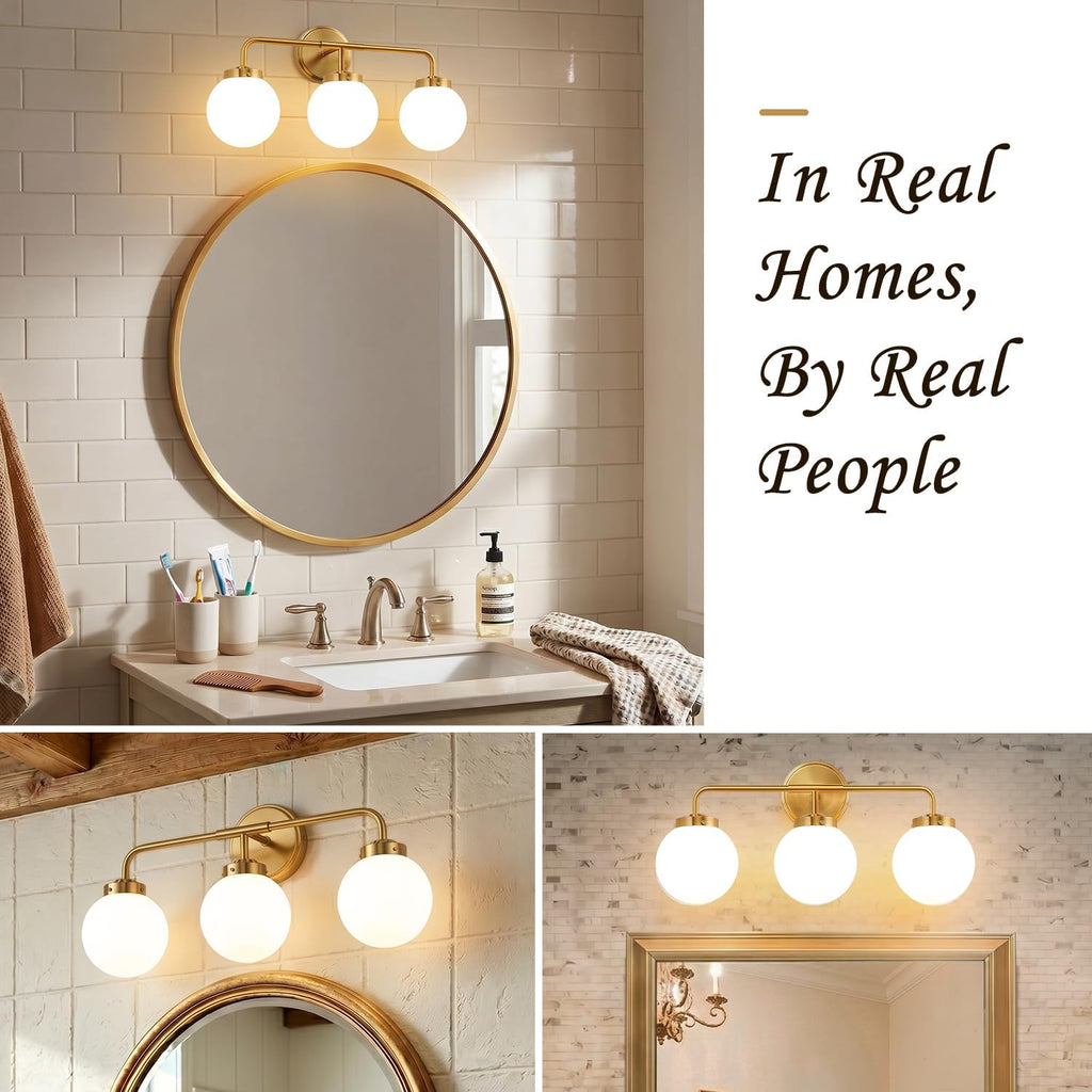 Modern Brushed Gold Vanity Lights , Mid Century 3 Light Bathroom Vanity Light with Globe Milky White Glass Shade Over