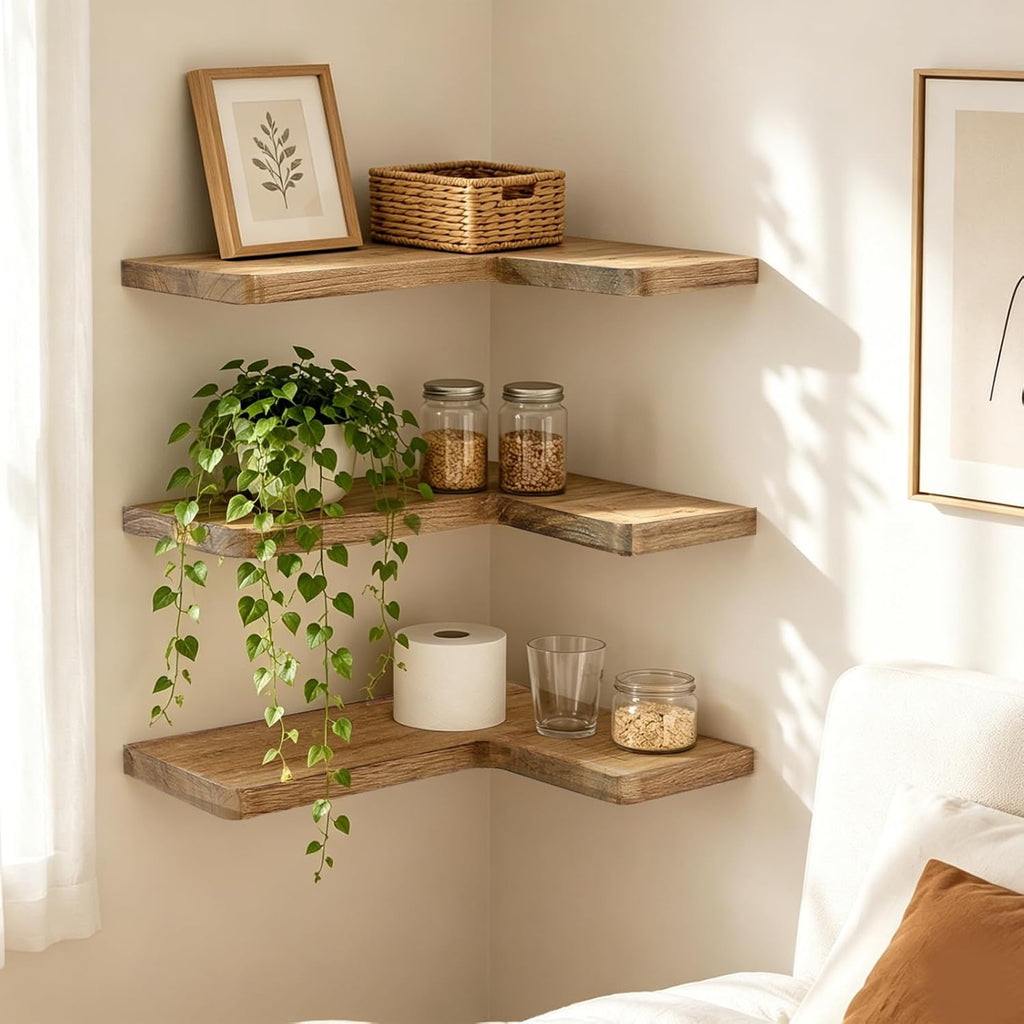 Solid Wood Corner Floating Shelves, L-Shaped, Oak, Set of 3 | Hidden Brackets, Space-Saving Wall Storage
