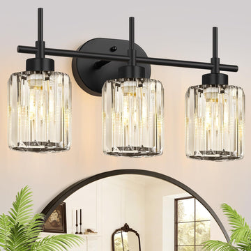Matte Black Vanity Light, 3-Light Crystal Modern Bathroom Lighting Fixtures Over Mirror, Black Bathroom Vanity Light
