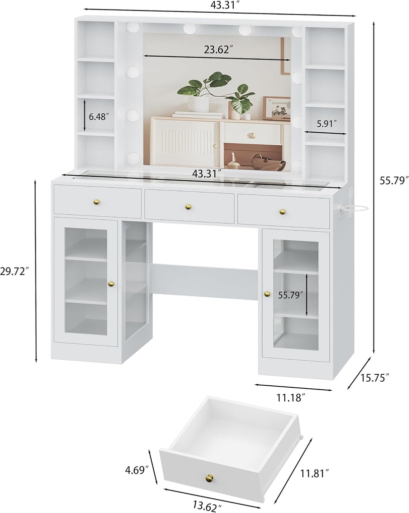White Vanity Desk with Mirror and Lights, Glass Top Vanity with Lighted Mirror & RGB Glass Cabinet and 3 Drawers
