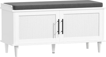 Rattan Shoe Storage Bench with Cushion, 2-Tier Entryway Bench with Adjustable Shelves and 2 Doors, 15" D x 39.4" W x