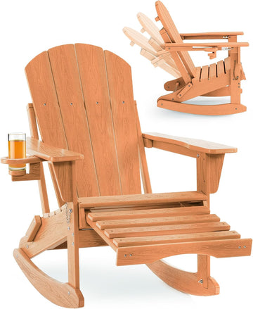 Adjustable Adirondack Rocking Chair with Retractable Ottoman, 4-in-1 Multifunctional Folding Patio Chair with Cup