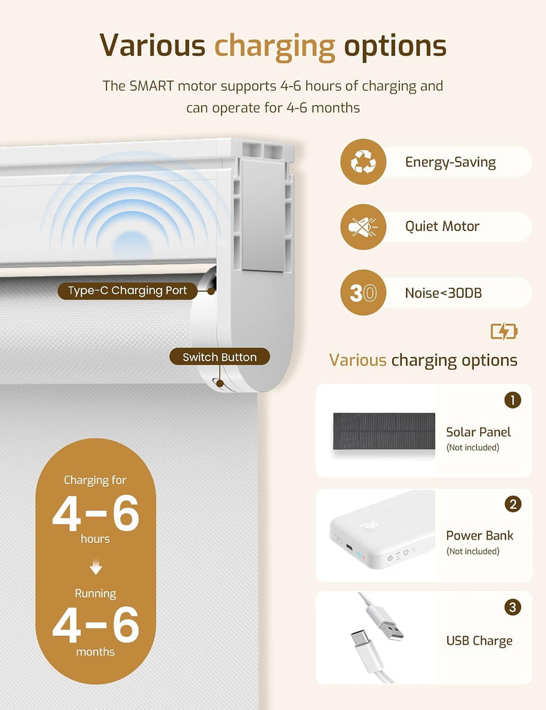 No-Drill No Tools Motorized Blinds with Remote | 27Wx72H White