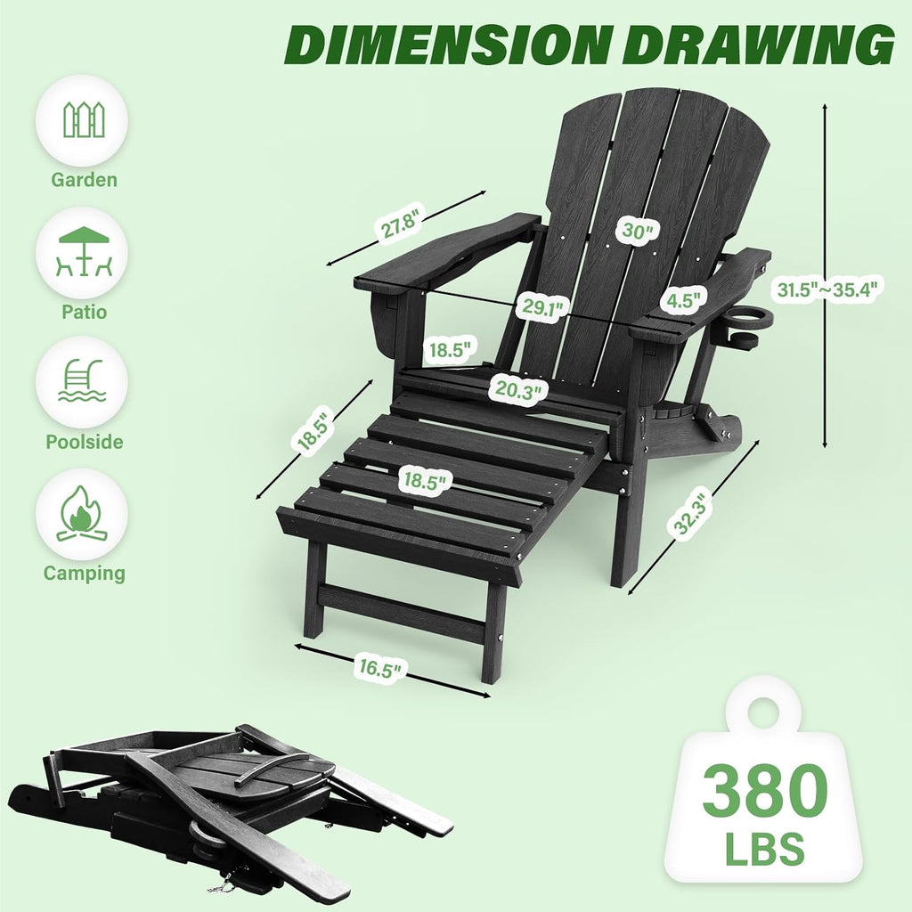 Folding Adjustable Adirondack Chair with Retractable Ottoman, HDPE Recliner Adirondack Chair with Cup Holder for Deck