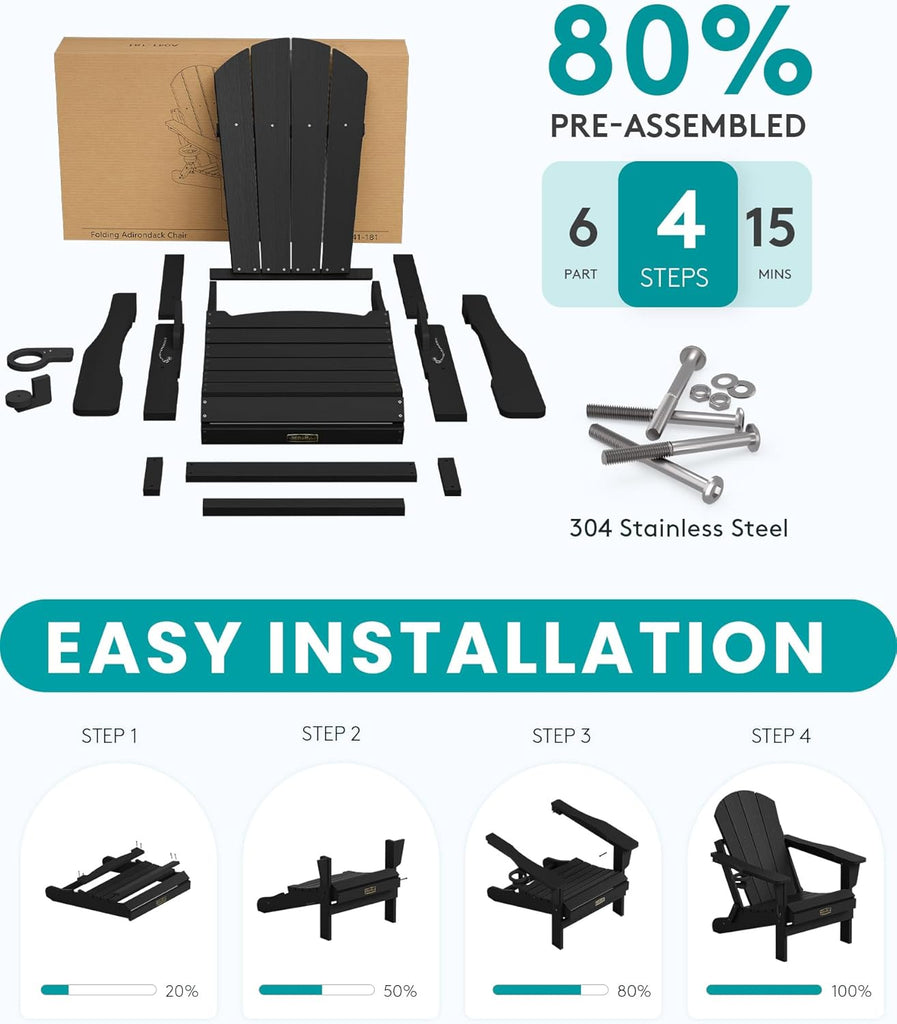 Folding Adirondack Chairs with Cup Holder, Outdoor Fire Pit - Black | Foldable Adirondack Chair with Wood Texture