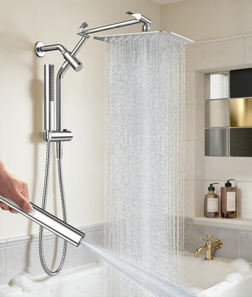 All Metal 10" Shower Head with Handheld, Luxurious Square Double Rain Shower Heads,Power Wash Wand,Dual High Pressure