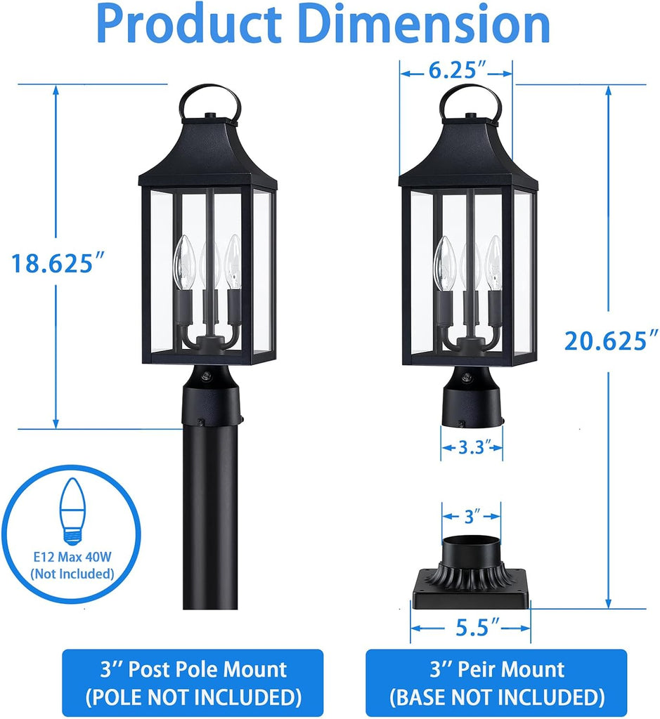 18.62'' Dusk to Dawn Post Light Outdoor, Large 3-Light Lamp Post Light Fixture