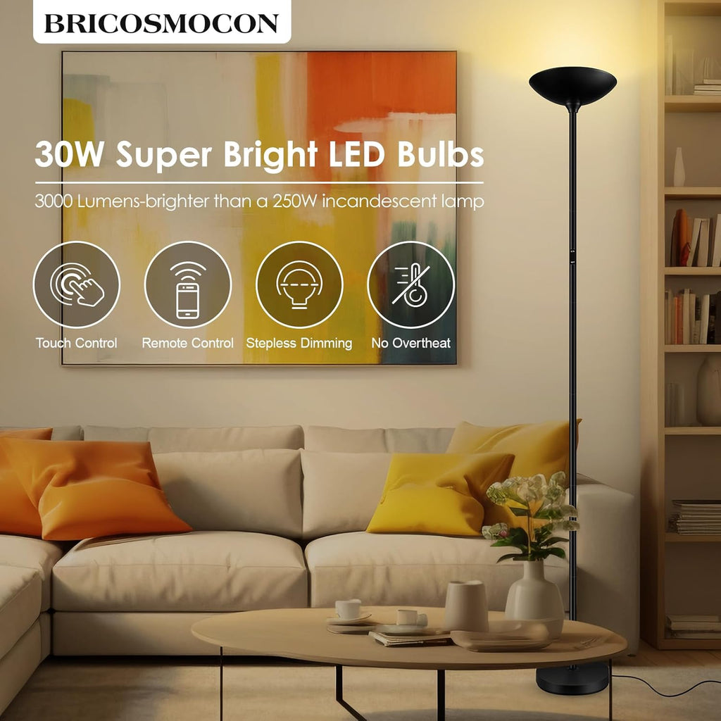 Stepless Dimmable Floor Lamp,30W 3000LM Super Bright LED Torchiere Floor Lamps with Remote & Touch Control