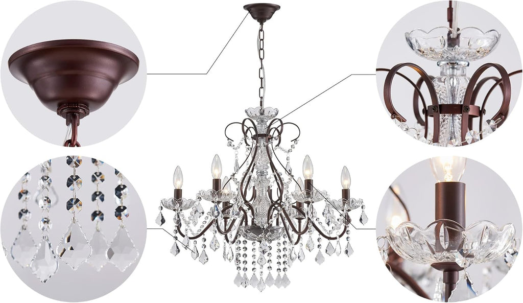 6 Light Crystal Chandelier Light Fixture Modern Chandelier Crystal Lighting, Crystal Pendant Raindrop Chandelier for Dining Room,Bedroom,Living Room,H23 x D24, 6-Light