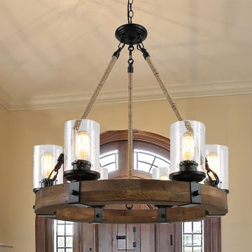 Inspired Camino Style Chandelier - Rustic 6 Light Round Wood Wagon Wheel Chandelier with Seeded Glass Shade, Farmhouse for Dining Room, Kitchen Island, Foyer and Entryway