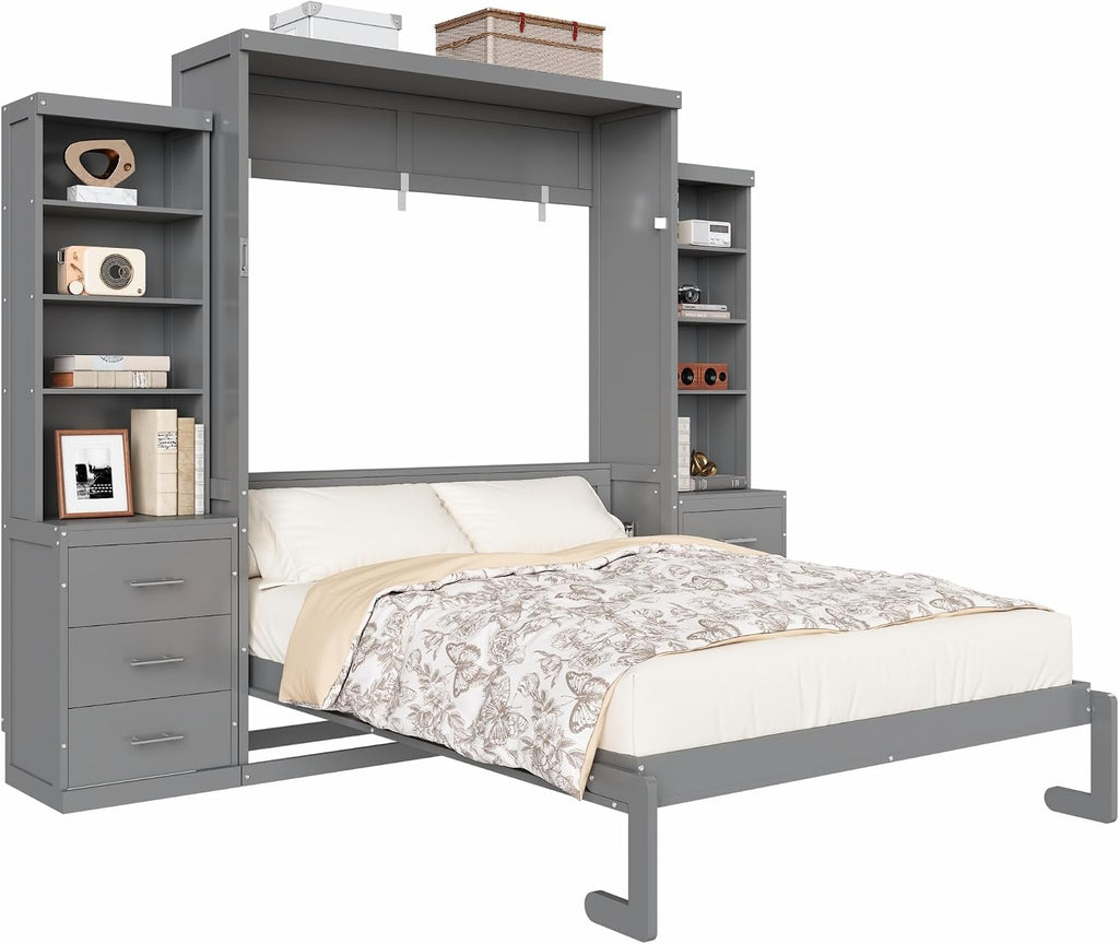 Murphy Bed Queen,Murphy Bed with Storage Shelves and Drawers,Wall Bedframe w/Wood Slatk,can be Folded,No Box Spring