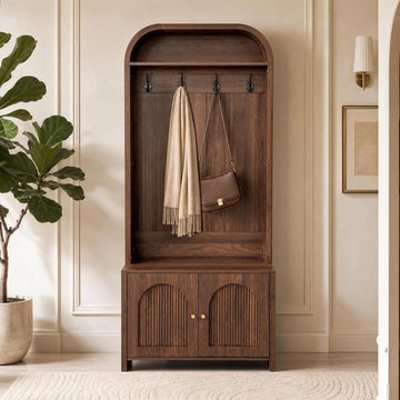 Narrow Entryway Hall Tree with Storage Bench, Modern Fluted Coat Rack and 2-Door Shoe Cabinet , Arched Mudroom