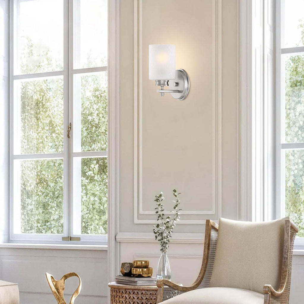 Phoebe 8" Modern Industrial Wall Sconce Vanity | Elegant Frosted Seeded Glass Cylinder Shade, Sleek Brushed Nickel