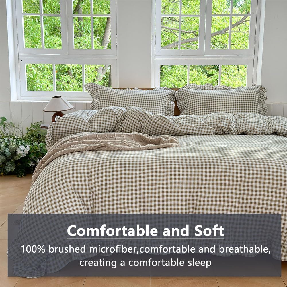 Tan Gingham Ruffle Duvet Cover, 3 Pieces Taupe Soft Pre-Washed Microfiber Checked Plaid Comforter Cover Set