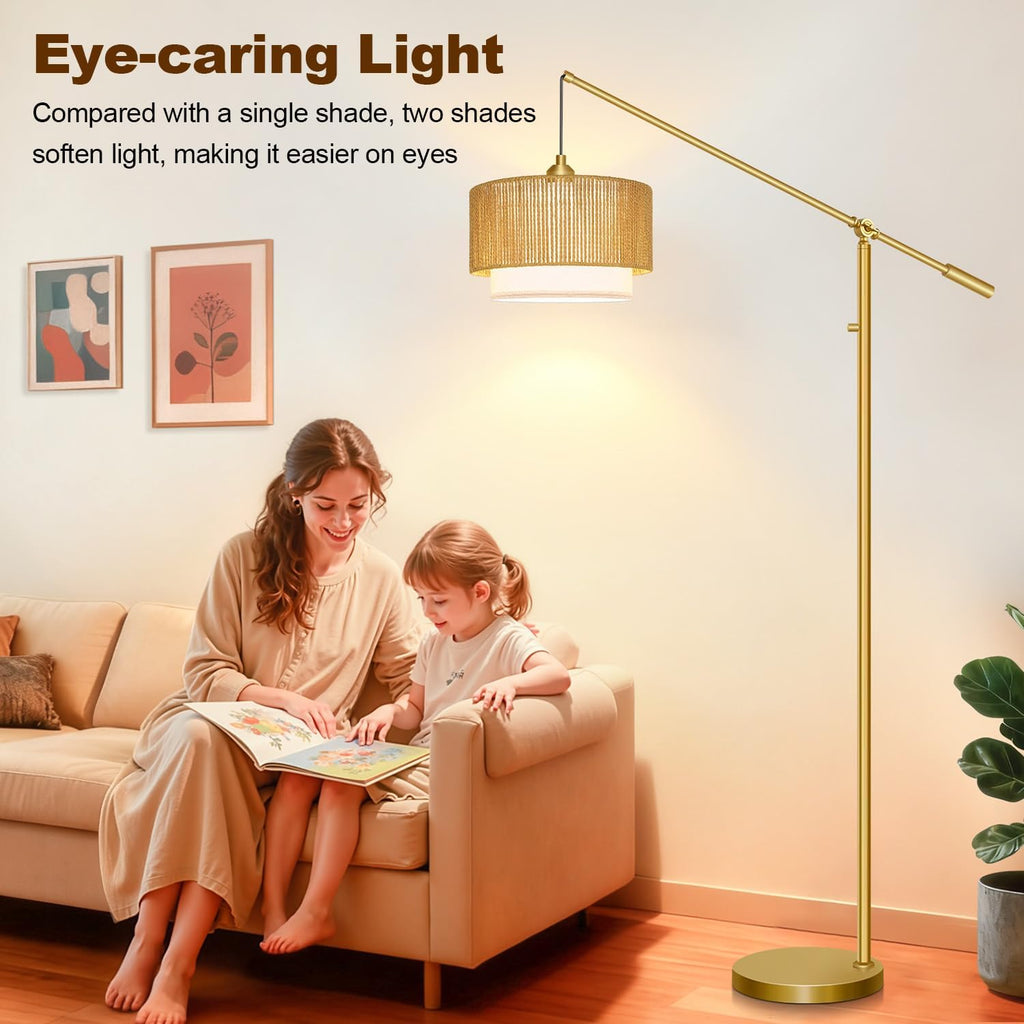 【Upgraded】Arc Floor Lamp, Boho Dimmable Swing Arm Floor Lamp with Rattan & Fabric Shades