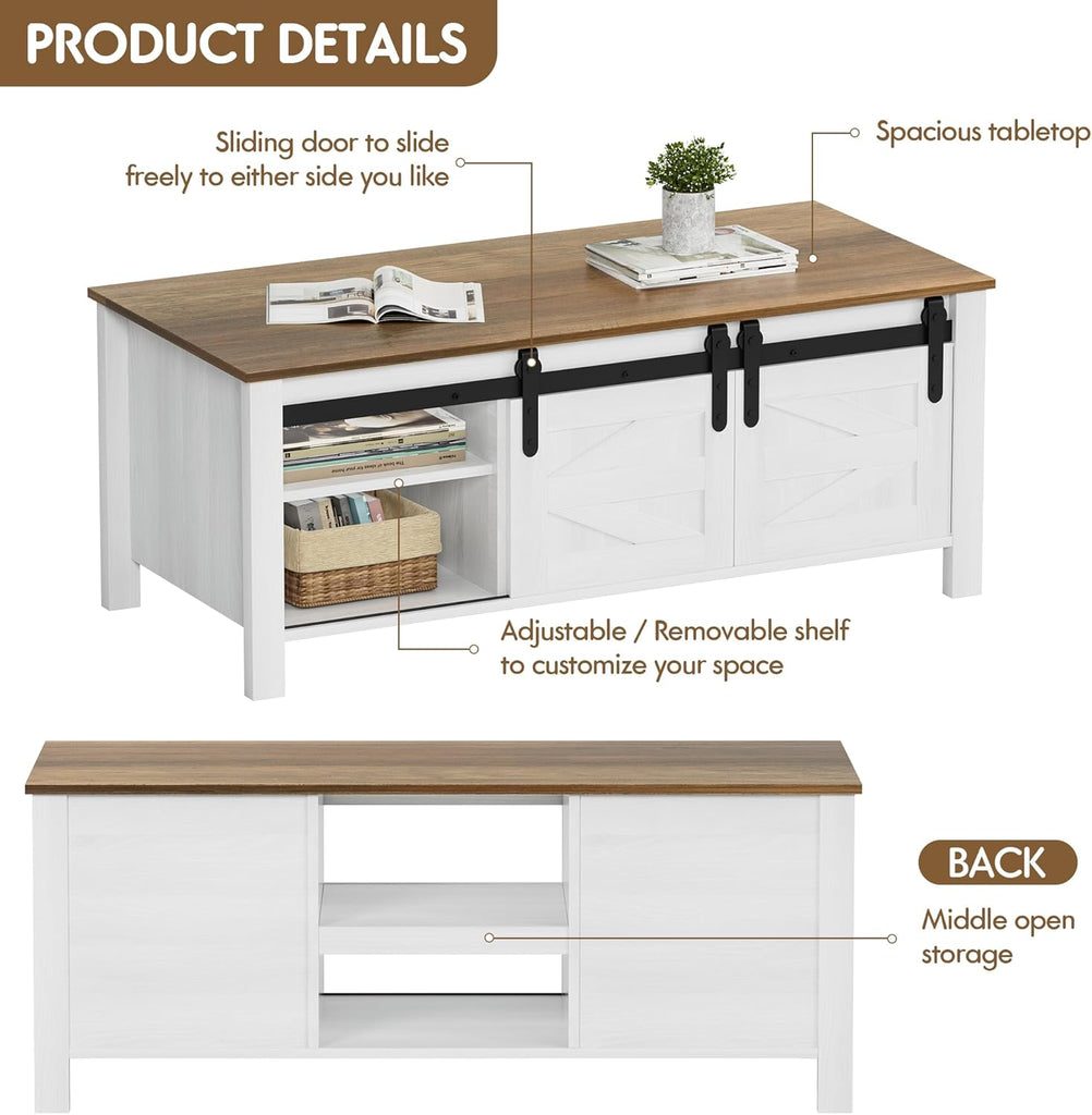 Farmhouse Coffee Table with Storage & Sliding Barn Doors, Modern Rustic Living Room Table with Adjustable Shelves