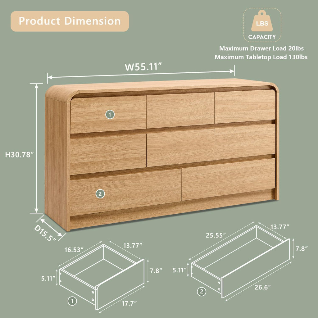 Modern 8 Drawers Dresser , 55" Wide Dressers & Chest of Drawers w/Curved Profile Design, Wood Mid Century Storage
