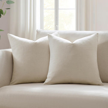 Set of 2 Ivory Throw Pillow Covers 18x18, Modern Farmhouse Linen Blend Decorative Pillow Covers, Neutral Home Decor