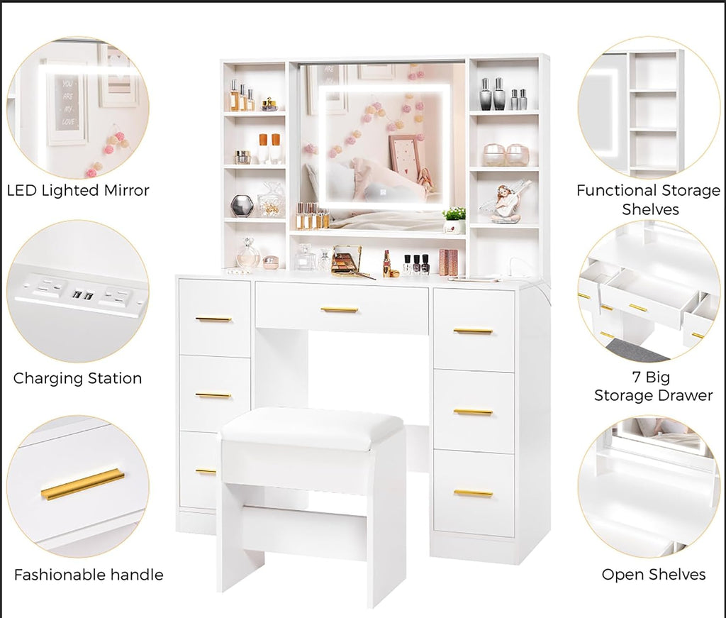 39.4" White Vanity Desk with Lighted Mirror & Adjustable Lights | Girls Makeup Vanity Set with Charging