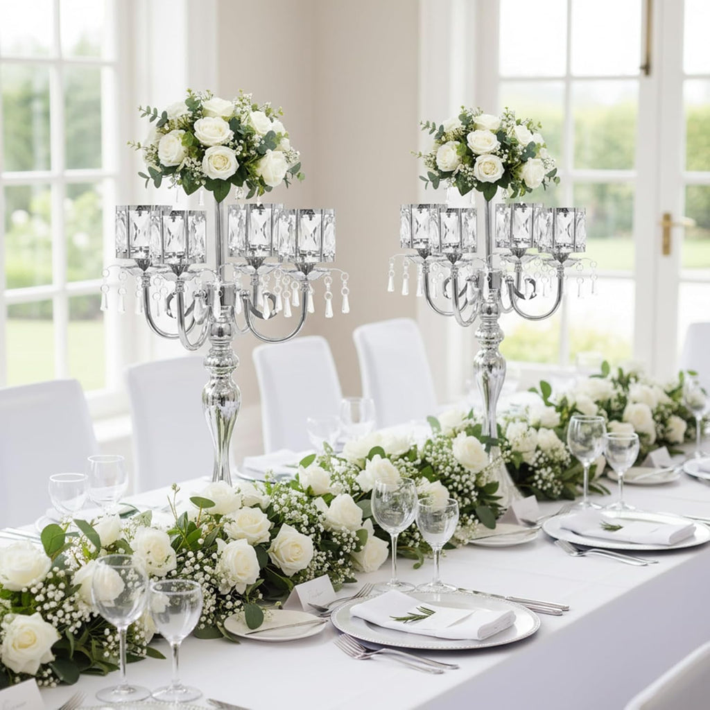 Silver Candelabra Centerpieces for Tables - 5 Arm Crystal Pendant Candle Holders, Elegant Metal Table Centerpieces