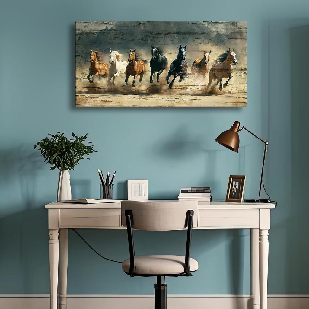 Rustic Running Horses Wall Art, Large Western Canvas Print , Wild Stallion Painting, Vintage Farmhouse Decor, Cowboy