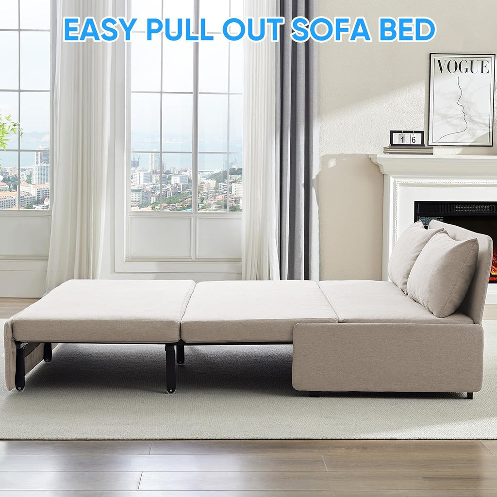 64" Queen Pull Out Sofa Bed, Linen Convertible Couch Bed with Tri-Fold Hidden Mattress, No-Tool Assembly, Space