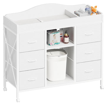Changing Table, 6-Drawer Dresser, Adjustable Shelves, Mobile, White | Changing Table,Waterproof Diaper pad & Safety