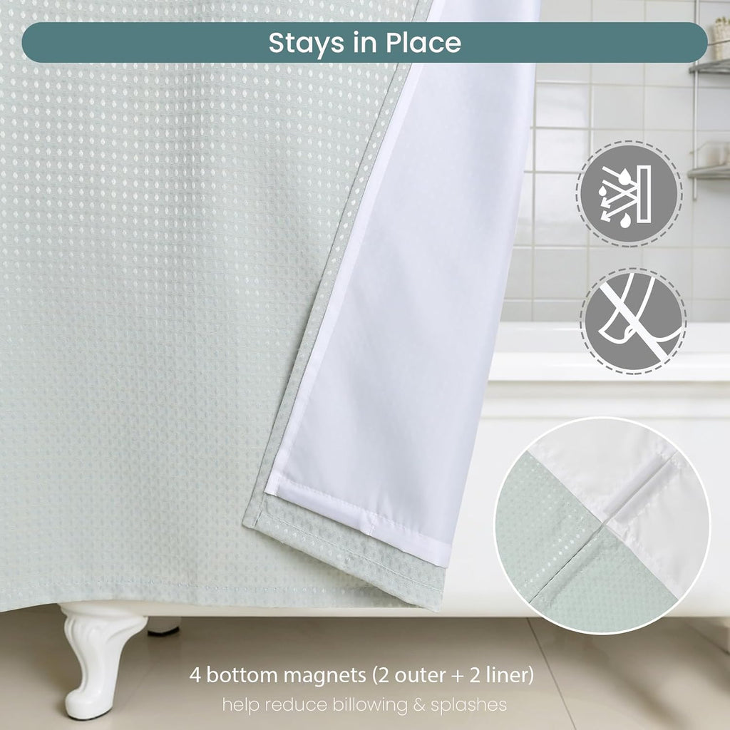 No Hook Shower Curtain Set with Snap-in Detachable Liner, 230 GSM Waffle Weave Fabric, Heavy Duty Water-Repellent