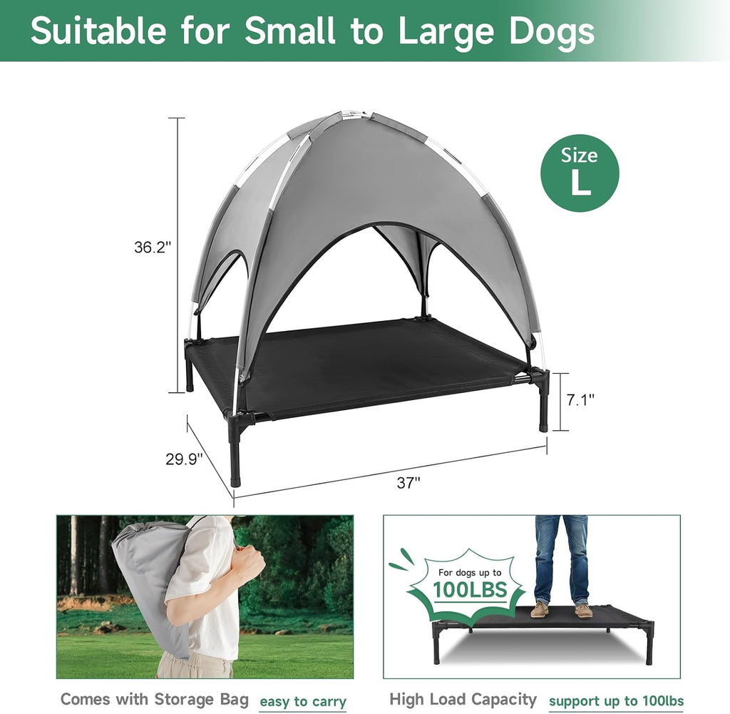 Outdoor Dog Bed with Canopy, Elevated Cot, Up to 100 lb, Gray