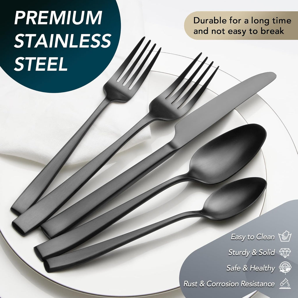 Matte Black Silverware Set, 40-Piece Premium Stainless Steel Black Cutlery Set for 8, Matte Flatware Sets