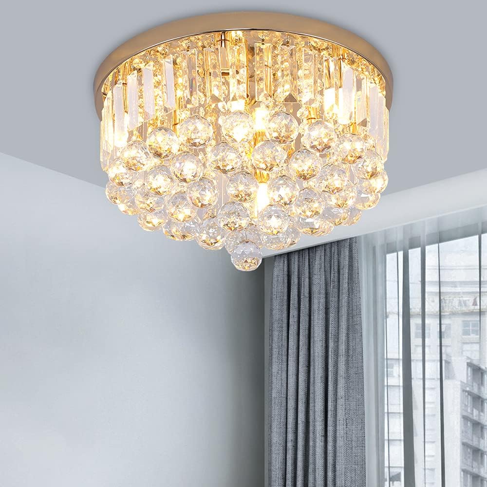 Mini Crystal Chandelier Ceiling Light,Flush Mount Modern Round K9 Crystal Raindrop Ceiling Lighting Fixture for