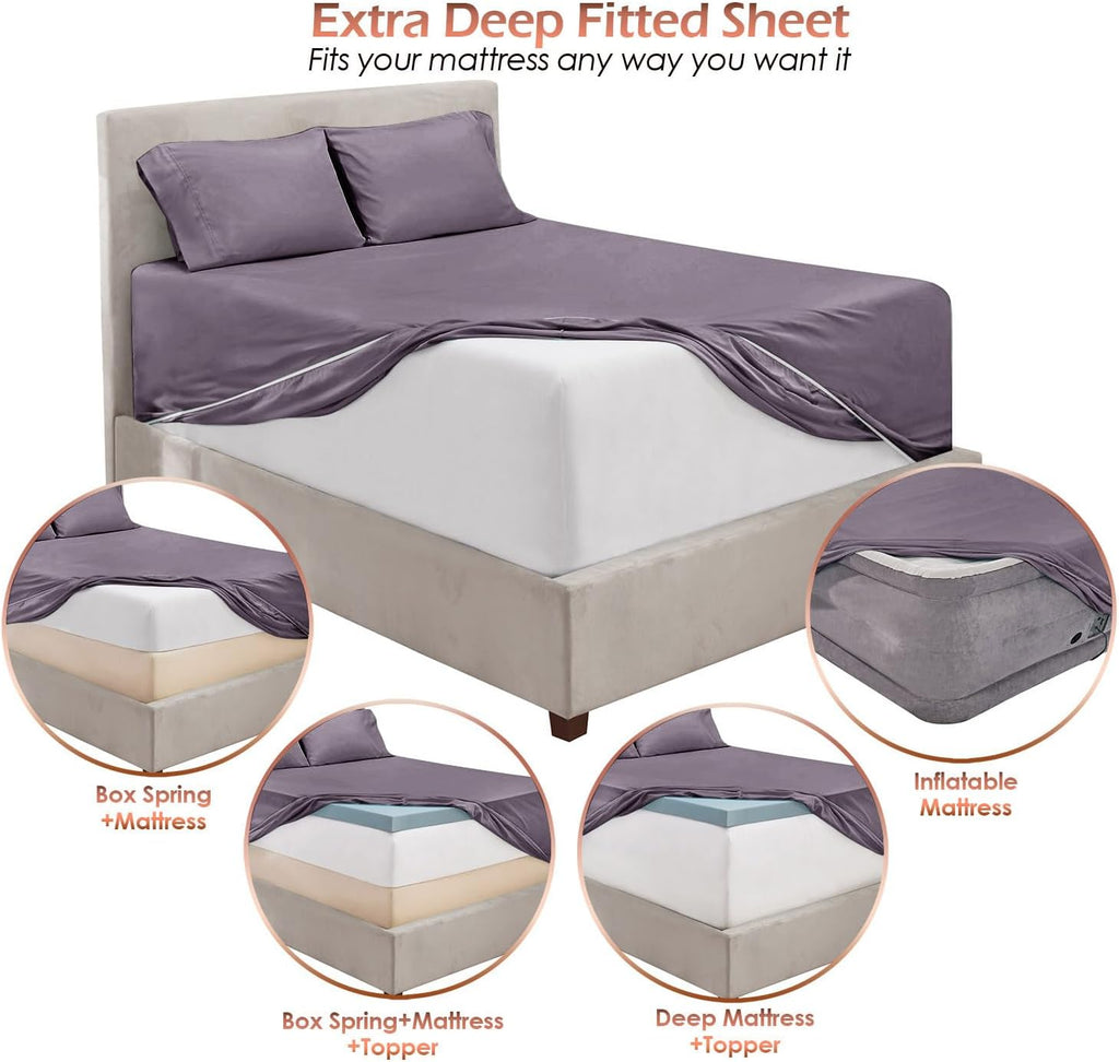 Extra Deep Pocket Sheet Sets, Luxury Soft 6 Piece Bed Sheet Set Fits Mattress 18-24 Inches - Queen, Grayish