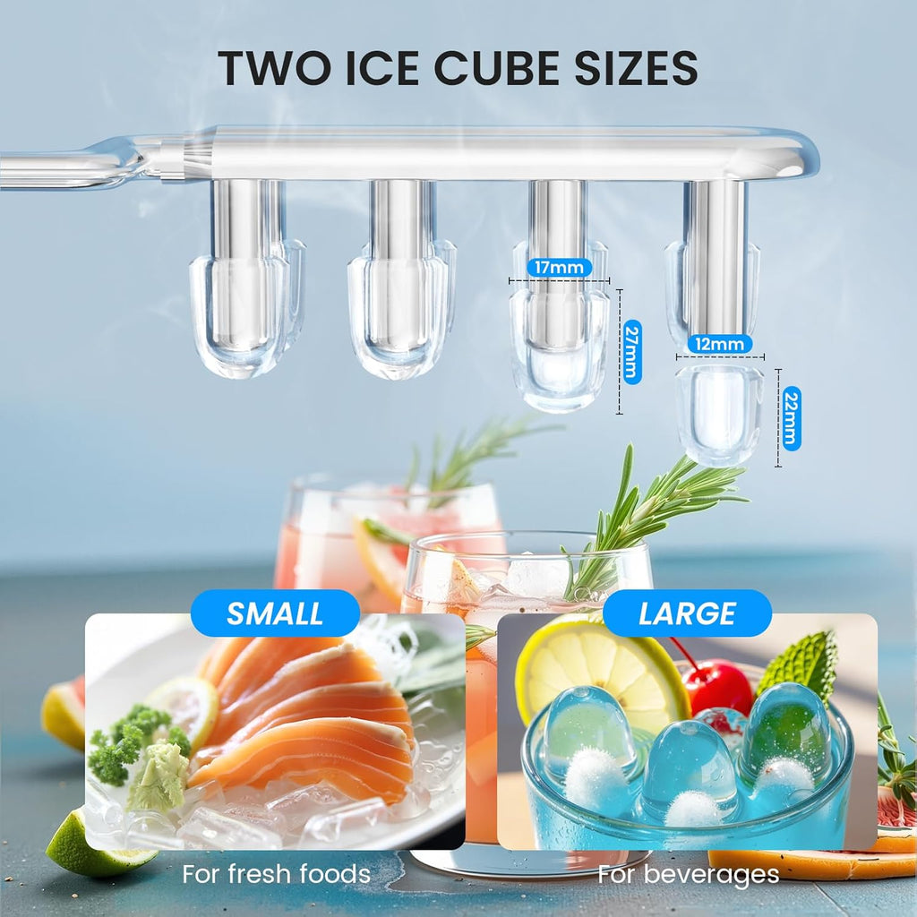 Countertop Ice Maker, 8 Cubes in 6 Mins, 26Lbs/Day Bullet Ice, Portable Ice Maker with 2 Sizes of Cubes