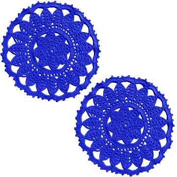 2PCS Leaves Flower Lace Doilies 9 x 9 Inch Crochet Round Coasters Dining Room Elegant Tableware Place Mats (Blue)