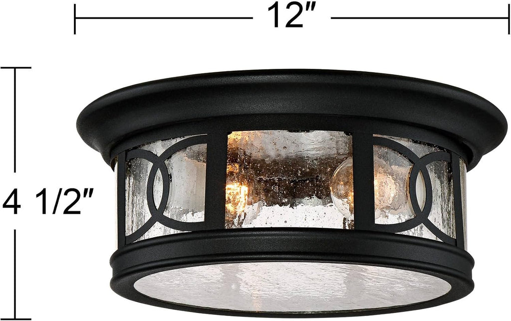 Capistrano Mission Flush-Mount Outdoor Ceiling Light Fixture Black 12" Seedy Glass Damp Rated for Exterior House