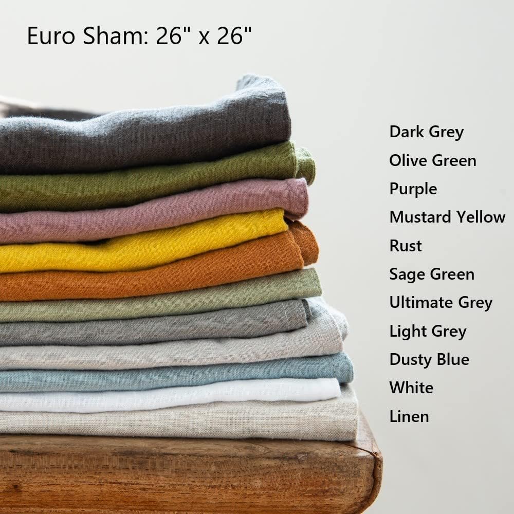 100% Washed Linen Euro Shams 26'' x 26'' Pack of 2, Basic Style Solid Color Natural Flax Farmhouse Decorative Square