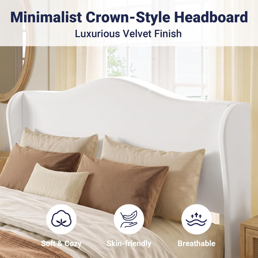 Queen Size Bed Frame, Plush Velvet Wingback, Modern Style, White